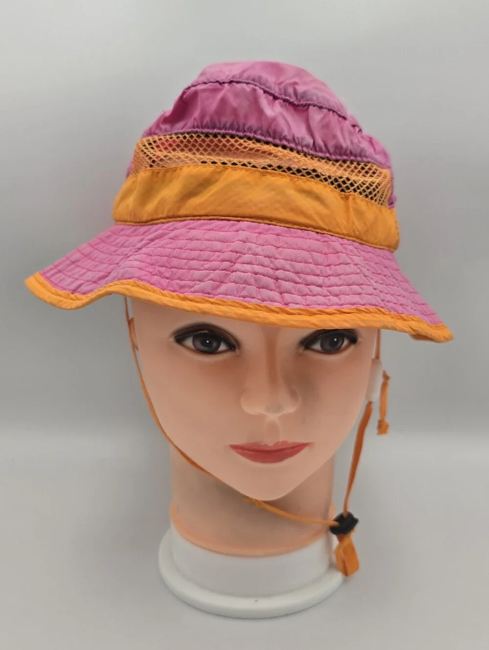Girls Panama Jack Pink Orange Sun Hat 54 cm Wide Brim Chin Strap Mesh Panels